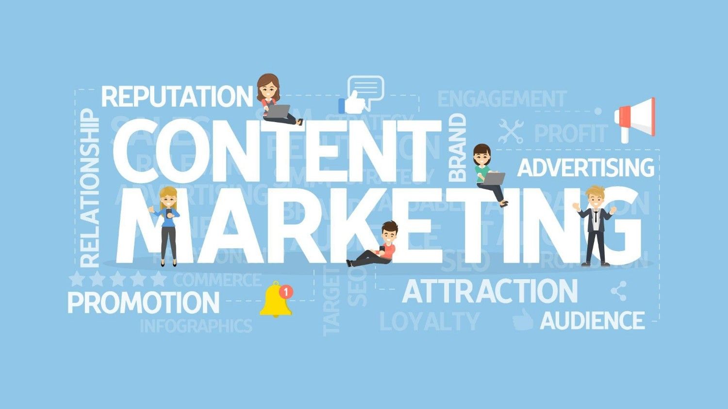 Content Marketing text surrounded by business keywords and cartoon professionals.