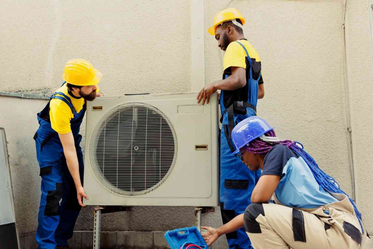 Three HVAC technicians in hard hats installing an outdoor AC unit.