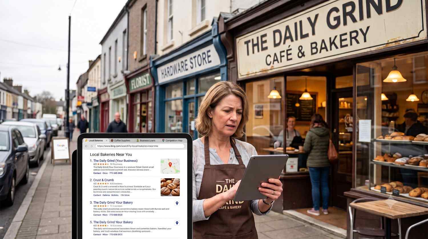 Local business owner checking Google search rankings and local SEO results