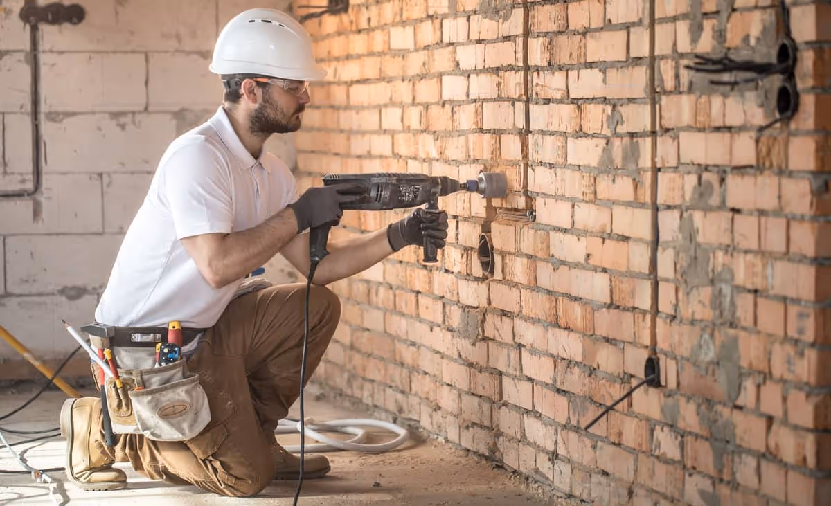 Worker in hard hat using a circular power saw to cut a red brick wall.