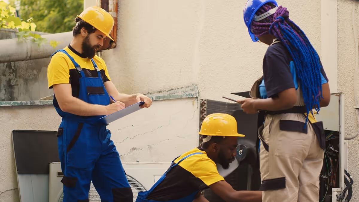 Three maintenance workers repairing an outdoor air conditioning compressor.