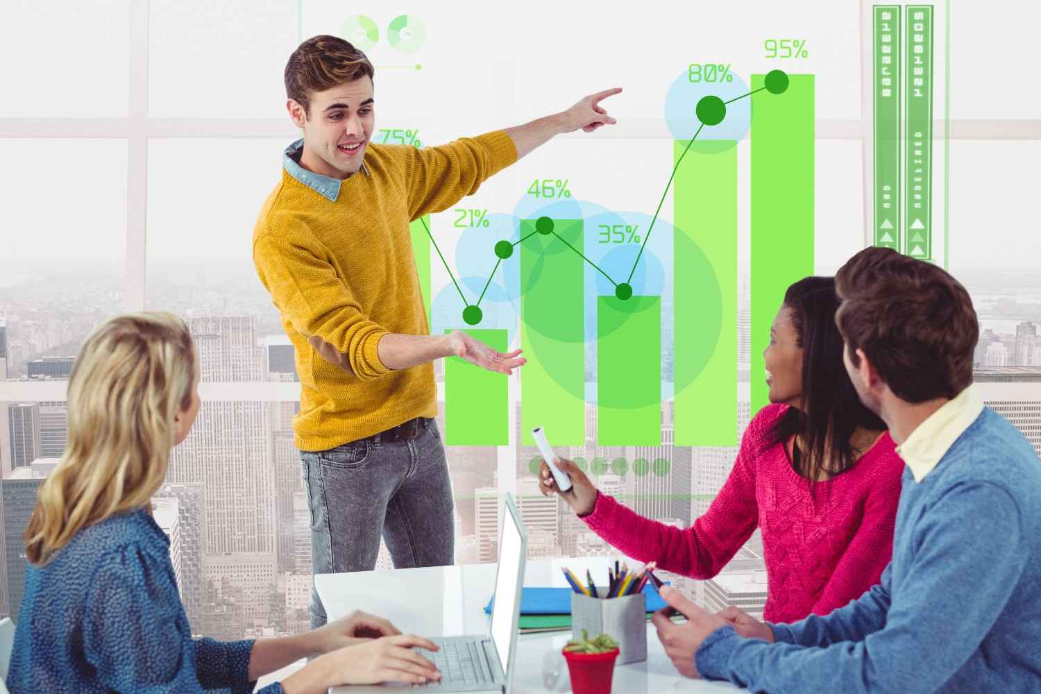 Marketer presenting upward digital campaign growth analytics to a team.