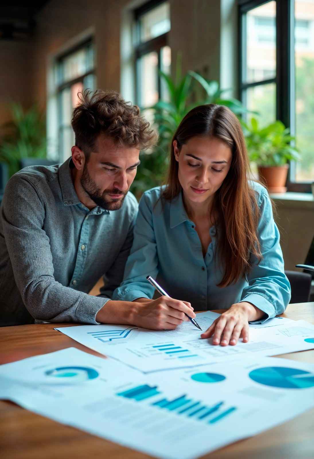 Two marketers analyzing printed SEO and digital campaign performance charts together.