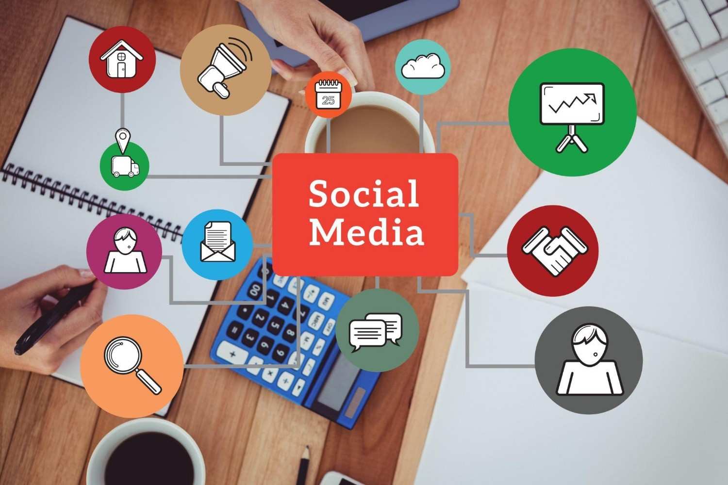 Social media strategy diagram with colorful icons overlaid on a workspace.