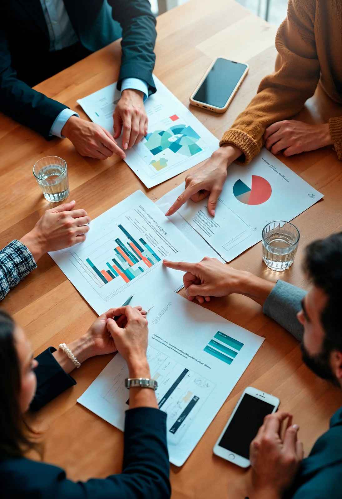 Marketing team analyzing printed data charts during a meeting.