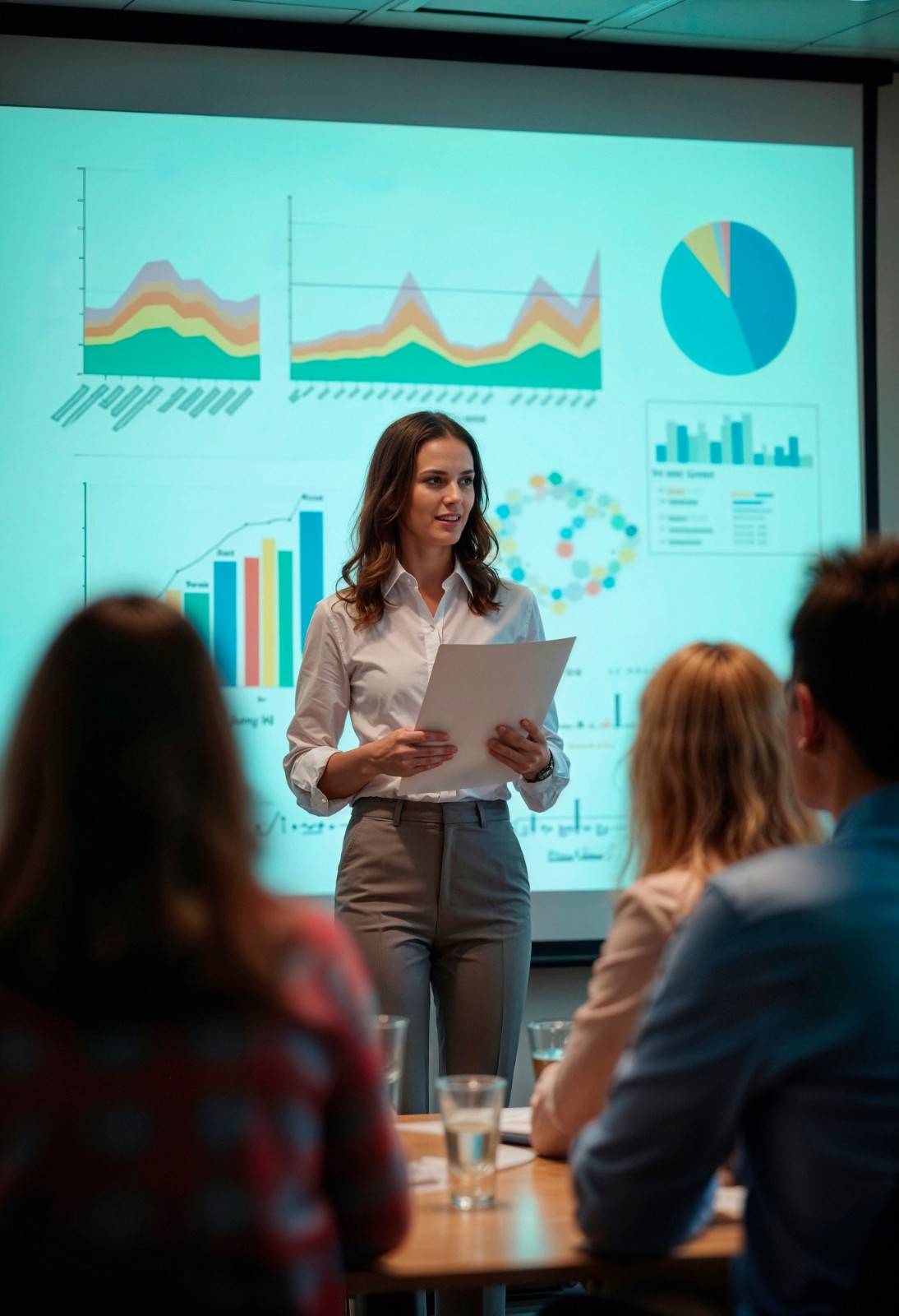Strategist presenting digital marketing analytics charts to a team.