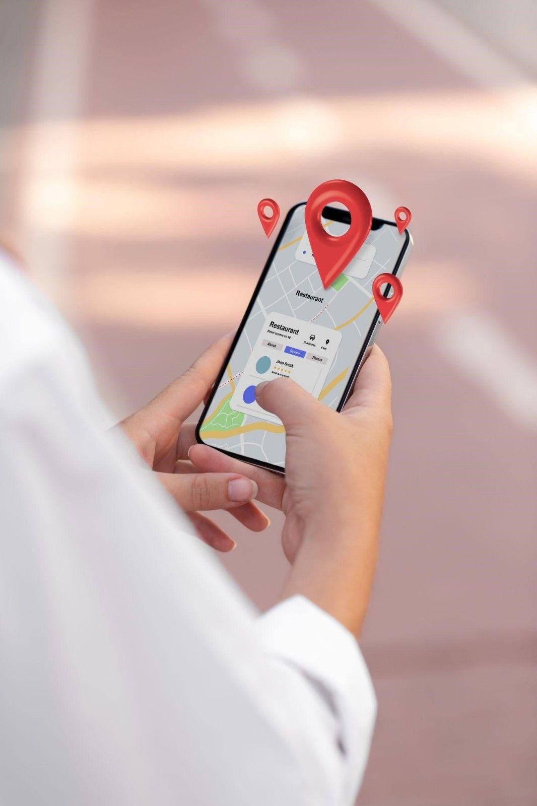 Hands holding phone viewing a local Google Business Profile and map search results.