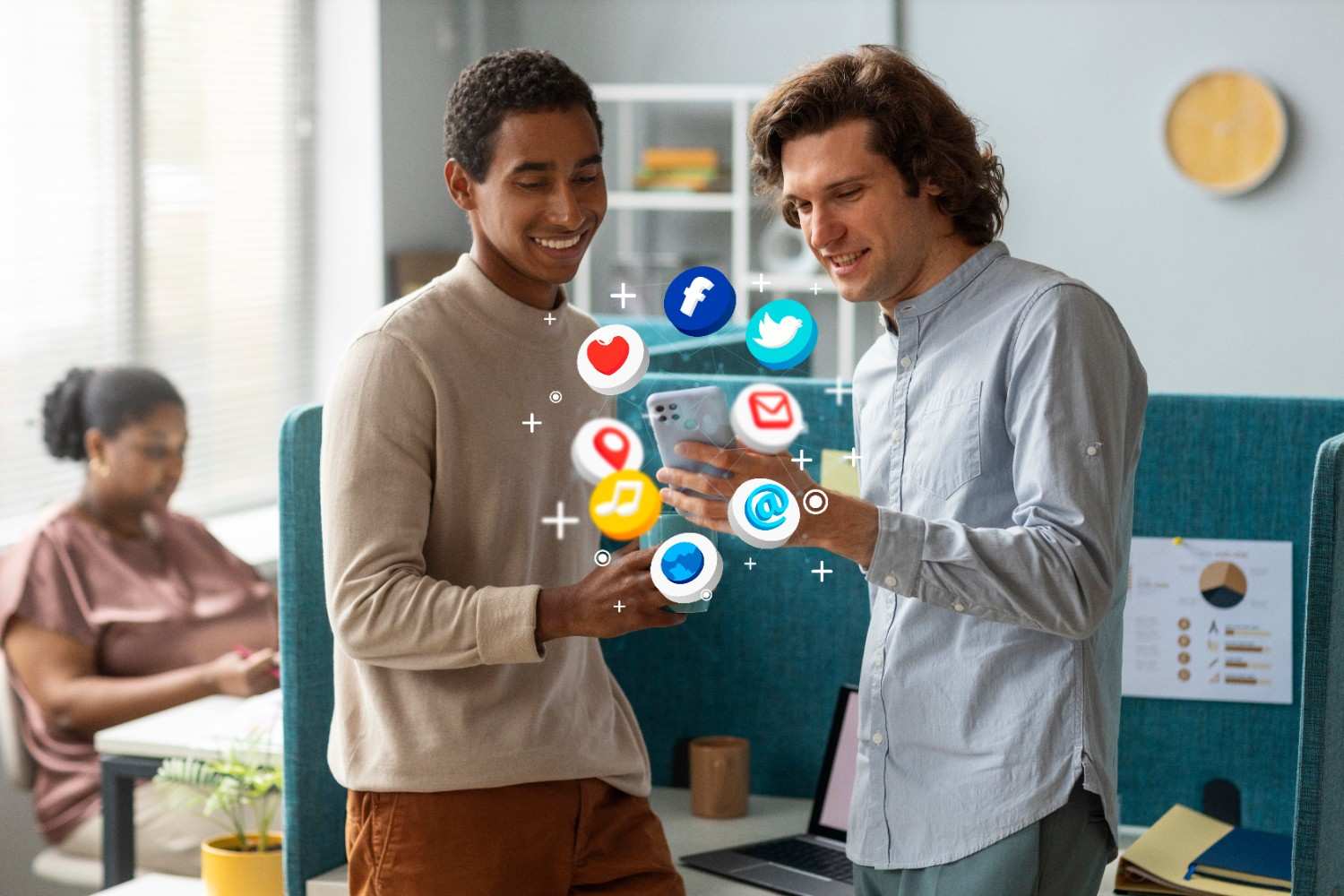Digital marketing experts managing social media marketing campaigns and online engagement using mobile technology.