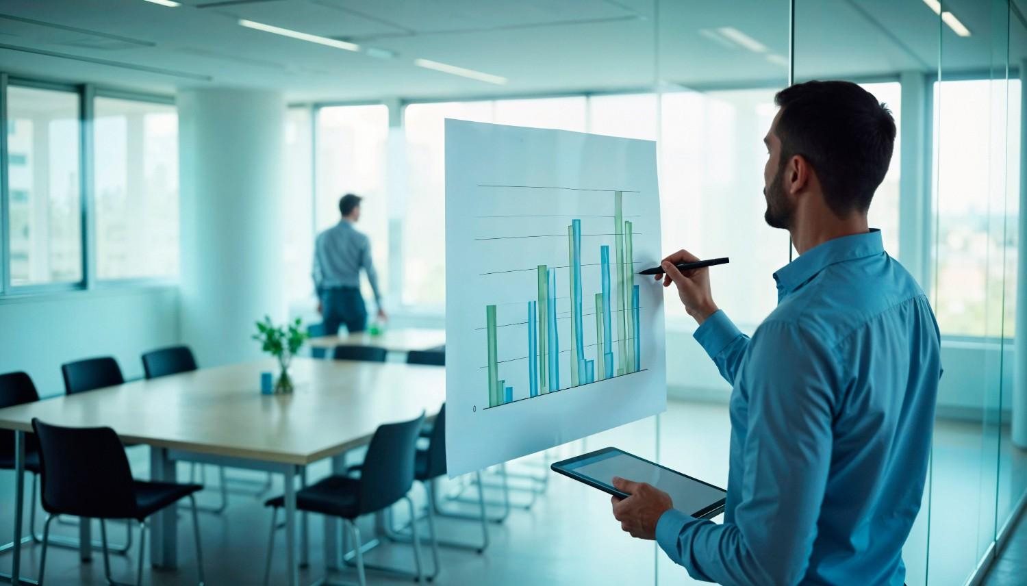 Businessman holding a tablet and drawing a marketing growth bar chart on a glass partition in a modern office.