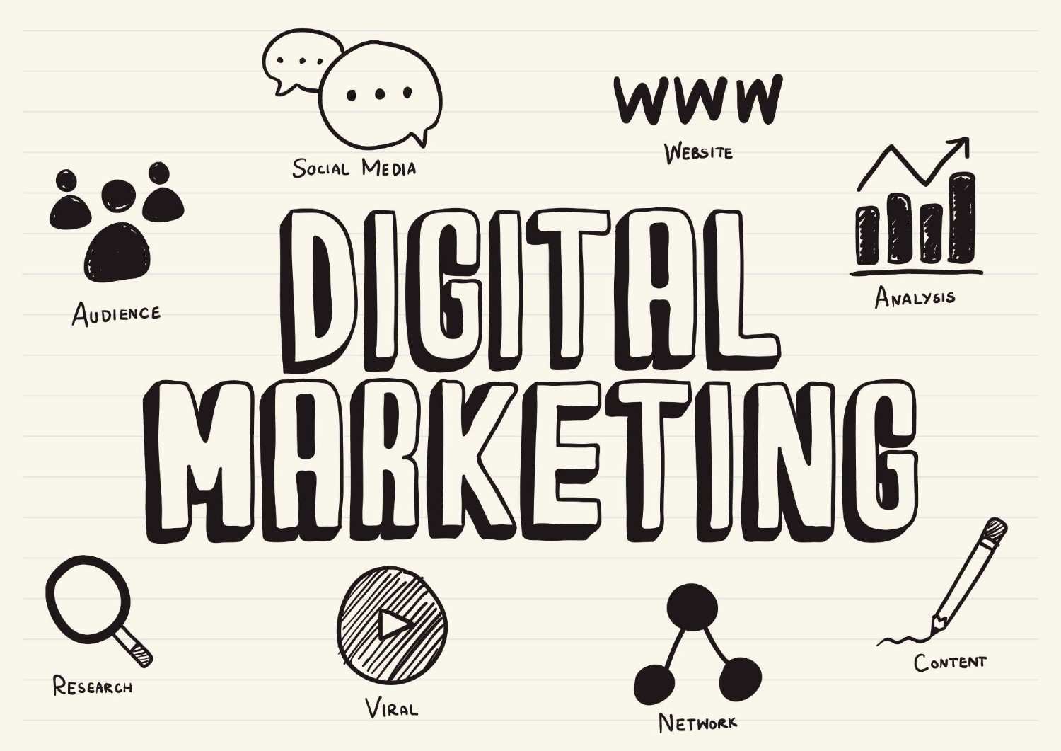Digital marketing strategy sketch on lined paper with SEO and social media icons.