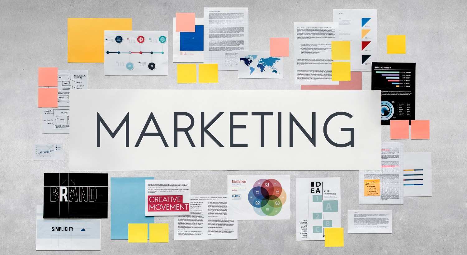 Marketing strategy mood board with business data charts, graphs, and notes.