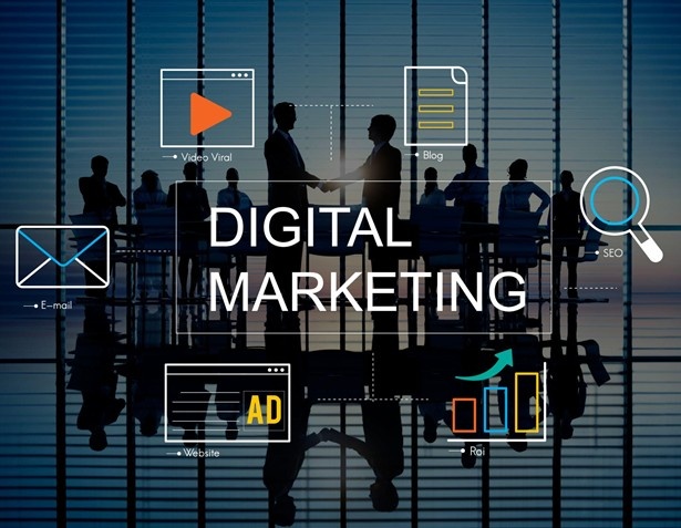 Business partners shaking hands under digital marketing and SEO icons.