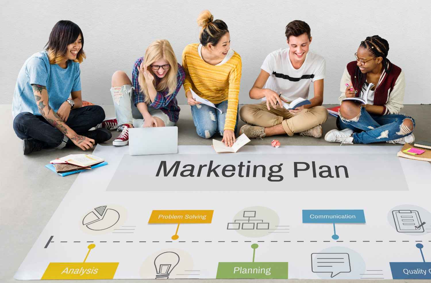 Creative agency team collaborating on a new digital marketing plan and growth strategy.