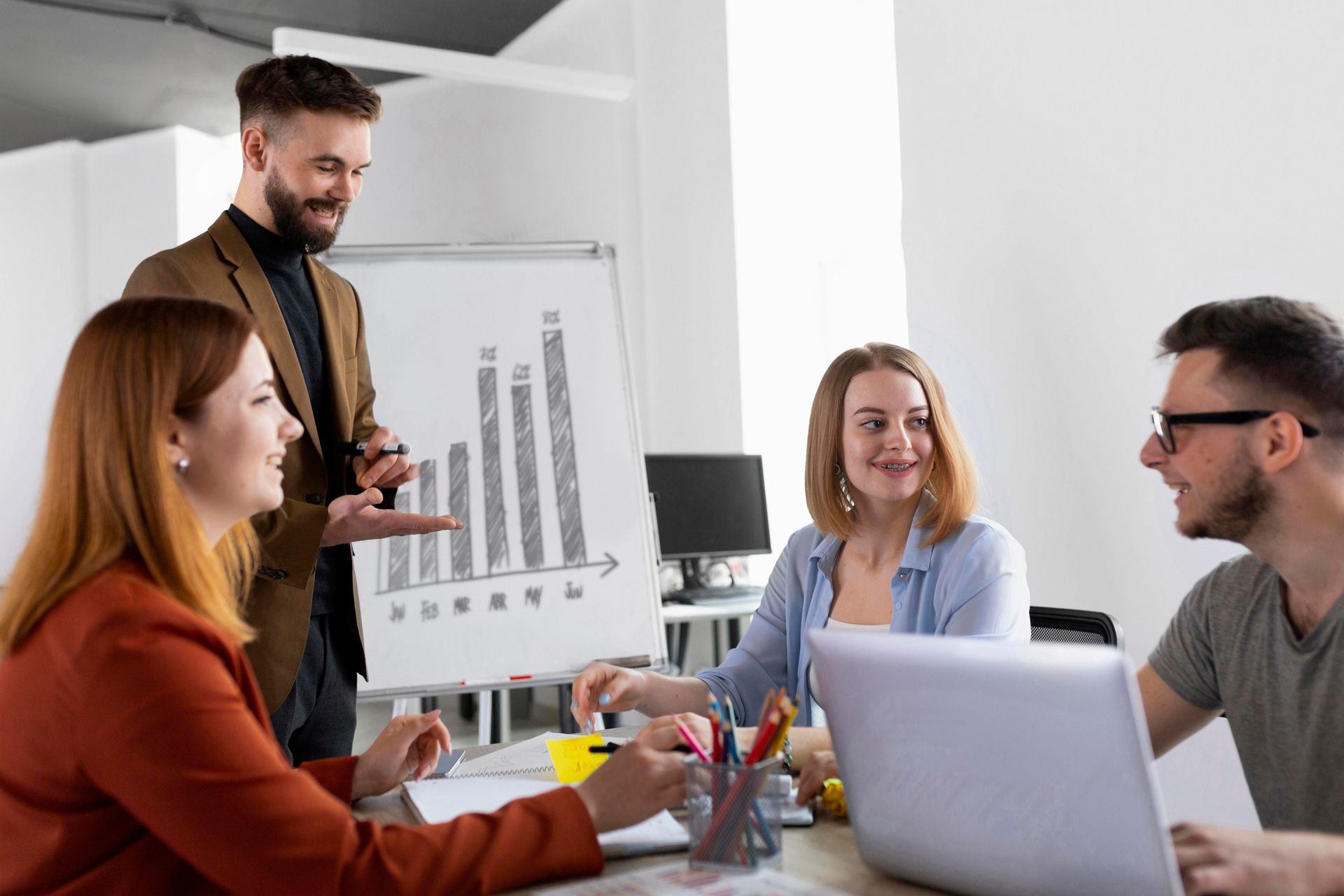 digital marketing agency professionals analyzing local search performance metrics on a whiteboard