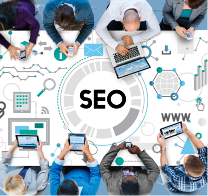 Digital marketing team collaborating on SEO strategy, search engine optimization, website analytics, keyword research.