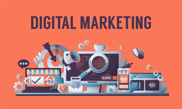 Digital marketing vector illustration with SEO, e-commerce, and social media