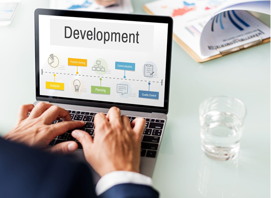 Professional viewing development workflow with planning and quality control on laptop